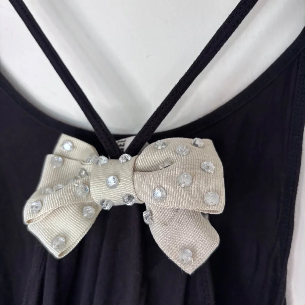 Vintage Free People Y2K Black Bow Rhinestone‎ Swing Tank Size Small